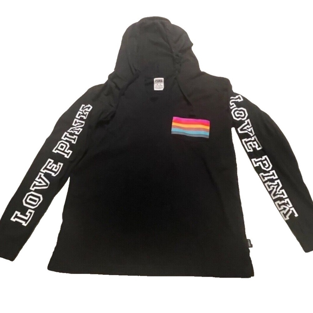 PINK Victoria's Secret long sleeve hooded t-shirt; Love Pink, Rainbow; Black XS